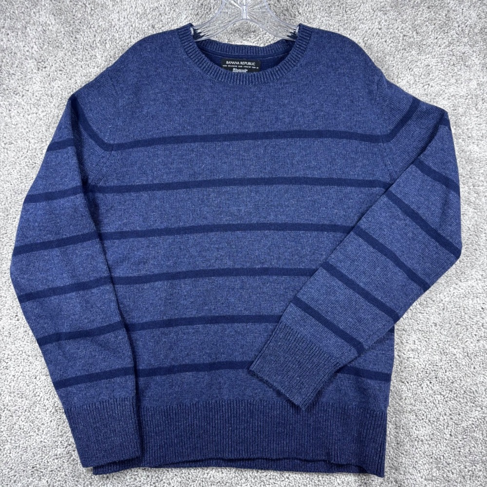 Banana Republic Mens Merino Wool Filpucci Yarn Striped Crew‎ Neck Sweater Blue L